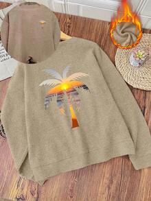 Plus Size Women's Autumn Daily Vacation Style Tropical Sunset Palm Tree Print Round Neck Long Sleeve Casual Knit-Like Top - Earth Gray - View 3