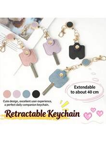 1pc Black Leather Key Protector, With Retractable Badge Reel, Lobster Claw Elastic Key Ring, Portable Key Accessory, Stretchable Household Key Ring - Multicolor - View 5