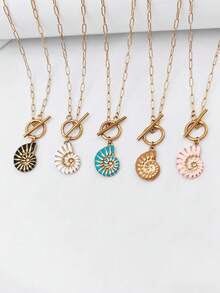 1pc 18K Gold Plated Bohemian Ocean Style Stainless Steel Enamel Conch Shell Pendant Necklace With Lobster Clasp - Multicolor - View 2