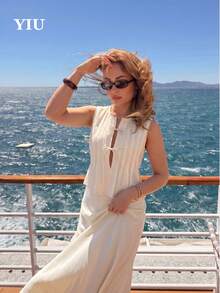 Conjunto de vestido de 2 piezas sin tirantes y sin espalda para mujer YIU, atuendo casual elegante sin elasticidad, incluye top plisado y falda larga - Beis - Ver 5