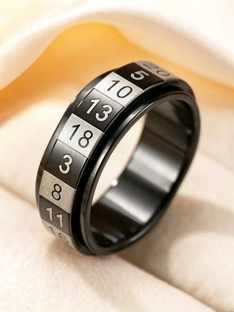 1pc Stress Relief Black & White Digital Pattern Stainless Steel Spinning Ring, Suitable For Women & Men Daily Wear, Valentine's Day Gift - Black - View 1