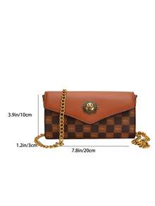 Check Monogram Envelope Chain Crossbody Bag, Sun Turn Lock Brown PU Flap Interwoven Gold Chain Small Clutch Shoulder Bag For Retro Dating - Coffee - View 2