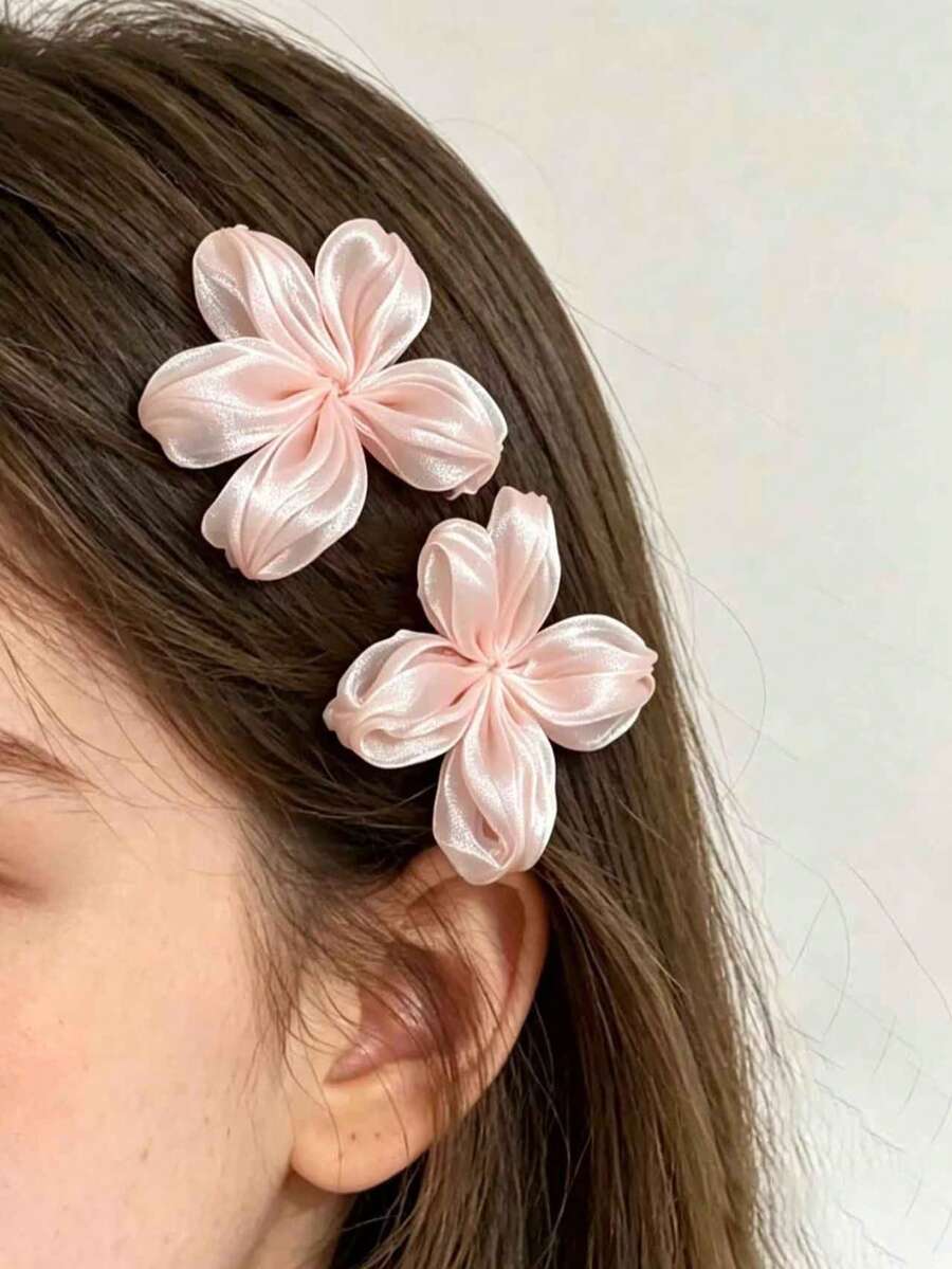 2pcs Sweet & Gentle Girl Sakura Hair Clips, Beach Vacation Style Atmosphere Hair Clips, Bangs Side Clips - Pink - View 1