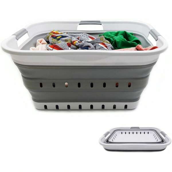 SAMMART 42L Collapsible Plastic Laundry Basket - Foldable Up Storage Container/Organizer - Portable Washing Tub - Space Saving Hamper/Basket - White/