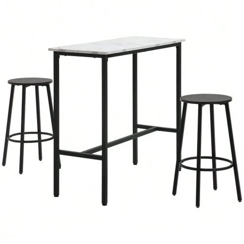 Bar Table Set With Stools, 3-Piece Bar Table Set, Dining Table With 2 Stools, Dining Room Set, High Table, Kitchen Table, Steel, White, Black - 白色 - 查看 1