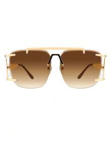 1pc New Asymmetrical Polygon Personalized Double Bridge Fashion Rimless Metal Premium Women's Glasses - Gold Frame Dark Brown Lenses - View 5