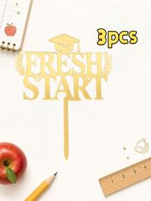 3件組奢華金色反光學術蛋糕裝飾，顯眼「Fresh Start」字體設計，飾有學士帽與雙桂冠枝，鏡面光澤，適合學校里程碑慶祝甜點擺盤佈局 - E - 查看 9