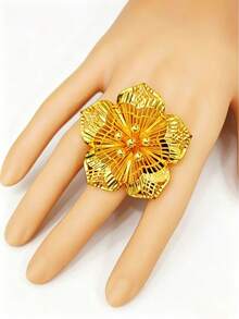 1pc Fashion Women's Gold-Plated Flower Ring, Index Finger Ring, Suitable For USA, UK, France, Middle East, Dubai, Africa, Saudi Arabia, Bridal Wedding Party Dress Accessory, Mother's Day, Valentine's Day, Wedding Season, Birthday, Holiday Gift, Open Copper Ring - Yellow Gold - View 2