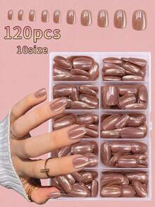 120片短方型穿戴甲，裸色貓眼亮面裝飾設計，精緻簡約光滑貓眼紋路壓克力假指甲套組，適合女性女孩日常工作使用，含果凍膠與指甲锉 - 彩色 - 查看 1