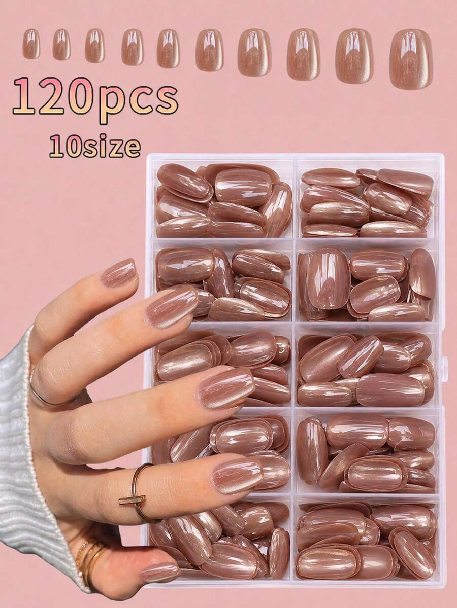 120片短方型穿戴甲,裸色貓眼亮面裝飾設計,精緻簡約光滑貓眼紋路壓克力假指甲套組,適合女性女孩日常工作使用,含果凍膠與指甲锉 - 彩色 - 查看 1
