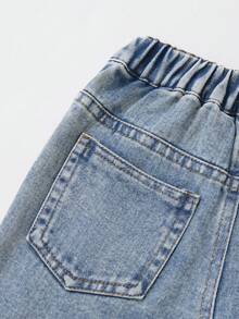Girls' Y2K Light Blue Washed Distressed Denim Wide Leg Pants, Asymmetrical Waist With Slanted Button, Multi-Layer Knee Rips, Frayed Hem, Elastic Waist, Loose Fit, Soft Comfortable Cotton Denim, Casual Style, Suitable For Daily Wear, School, Parties, Back To School Season, Spring/Summer/Autumn/Winter - Medium Wash - View 7