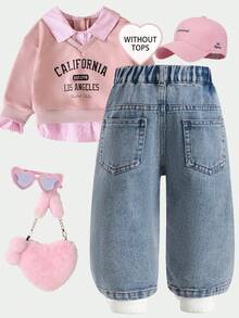 Girls' Y2K Light Blue Washed Distressed Denim Wide Leg Pants, Asymmetrical Waist With Slanted Button, Multi-Layer Knee Rips, Frayed Hem, Elastic Waist, Loose Fit, Soft Comfortable Cotton Denim, Casual Style, Suitable For Daily Wear, School, Parties, Back To School Season, Spring/Summer/Autumn/Winter - Medium Wash - View 2