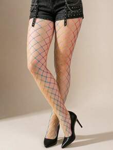 Rainbow Gradient Large Mesh Fishnet Tights, High Elasticity Breathable Snag-Resistant Y2K Millennium Hot Girl Music Festival Personalized Colorful Mesh Stockings - Multicolor - View 5