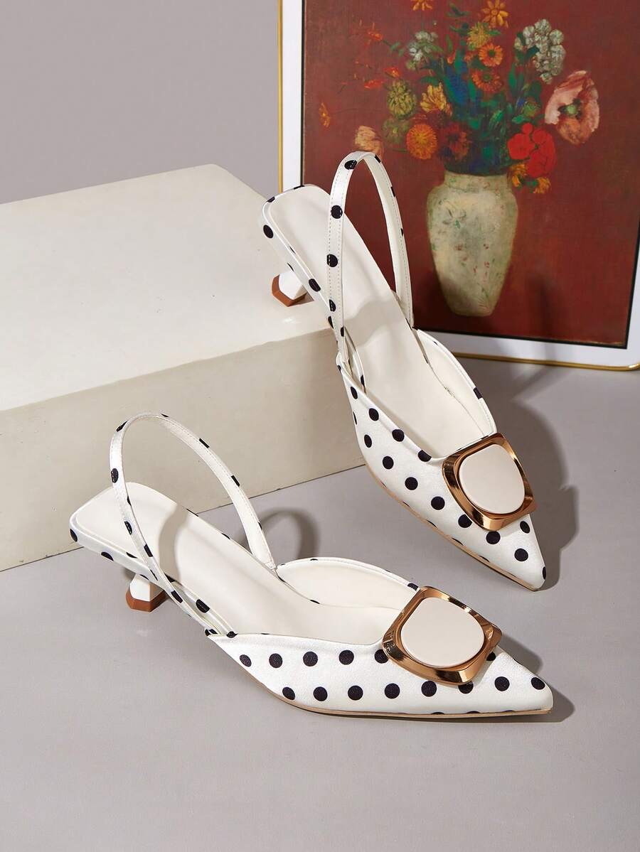 女款 2025 新款時尚金屬扣優雅尖頭後扣高跟單鞋 - 白色 - 查看 1