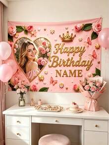 Customized Personalized Birthday Backdrop, Customizable Photo Name, Rose Crown Butterfly Decoration, Adding Unique Atmosphere To Your Birthday Party. Customizable Items, Customized Bed Head Flag Tapestry, And Exclusive Image Text Photo, Perfect Gift For Family, Friends And Yourself, Baby Room Decoration, Children's Birthday Party Decoration. - Multicolor - View 6