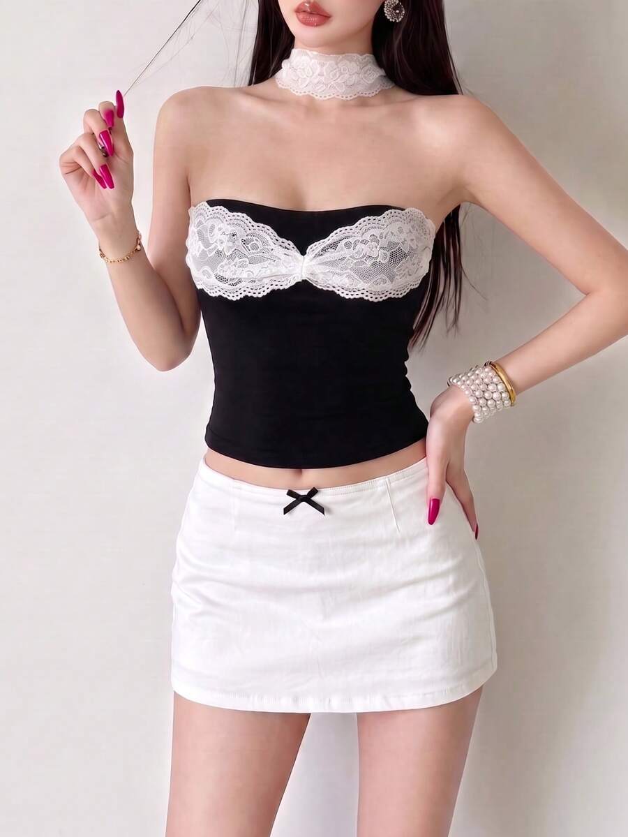 女款撞色對比蕾絲無肩帶貼身平口上衣 - 黑色 - 查看 1