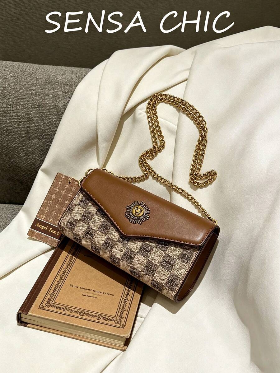 Check Monogram 信封式鏈條斜挎包 太陽轉鎖棕色 PU 翻蓋編織金鏈小手拿肩背包 復古約會風 - 卡其色 - 查看 1