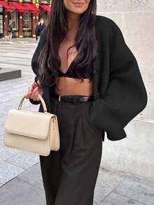 女士V领英式和服开衫上衣，秋冬款，黑色 - 黑色 - 查看 4
