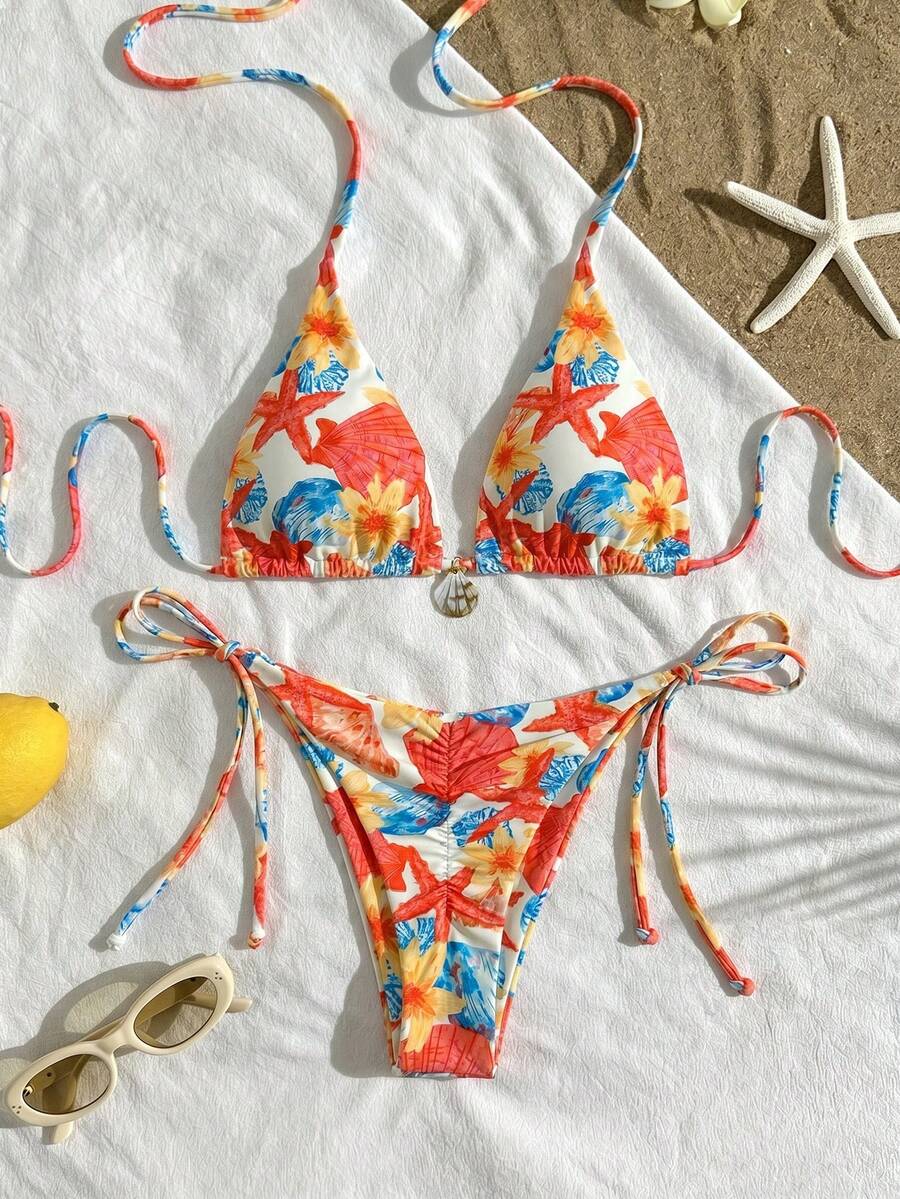 Tropical Floral Halter Bikini Set, With Knot Detail, Casual Sexy Women's Two Pieces Swimsuit Summer Vacation - Shell Off-white - View 1