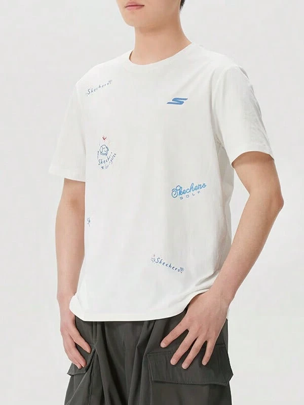 Skechers Men's All-Over Graffiti Print Loose Fit Casual Crew Neck Short Sleeve T-Shirt - White - View 1