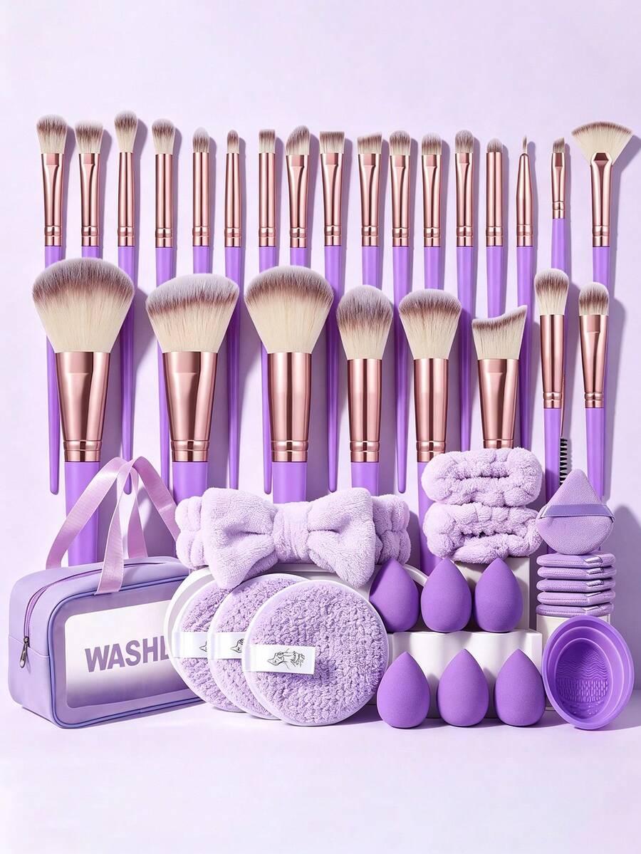 1/45pcs All-In-1 Makeup Tools Set, Soft Gradient Synthetic Brushes (Face Fan, Eye Lash), Purple Beauty Sponges, Triangle Finger Powder Puffs, Plush Hair Accessories, Silicone Cleaning Bowl, Wash Bag For Daily Use & Travel - Purple - View 1