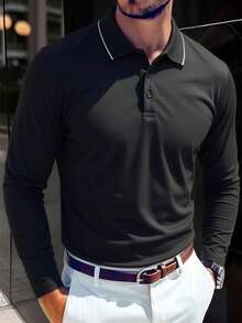 Men's Spring/Autumn Polo Shirt, Business Casual Fashion Gentleman Style, Long Sleeve With Turn-Down Collar - Black - View 1