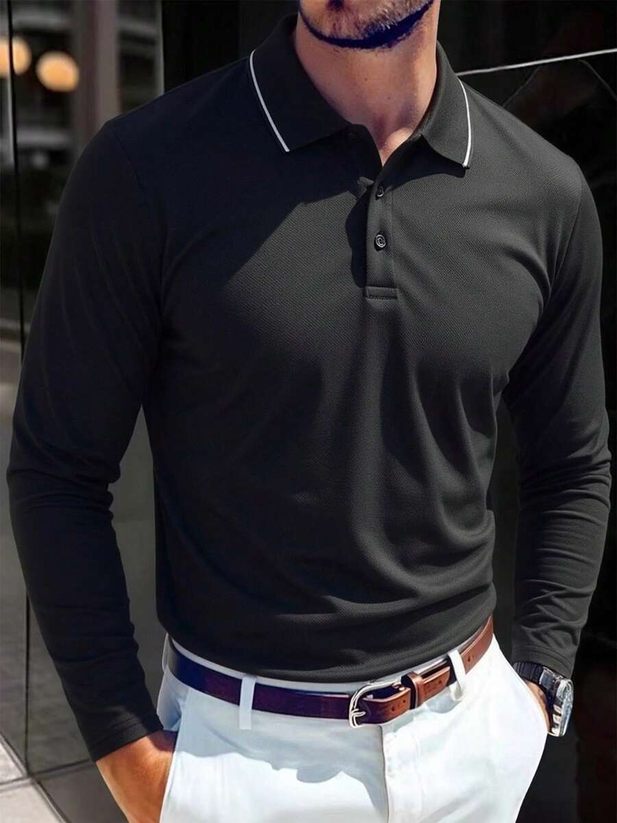 Men's Spring/Autumn Polo Shirt, Business Casual Fashion Gentleman Style, Long Sleeve With Turn-Down Collar - Black - View 1