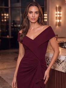 EVERPRETTY Women's Elegant Noble Asymmetric Ruffle V-Neck Mermaid Midi Formal Evening Gown, Autumn Wedding Guest Dress, Suitable For Evening Party Wedding - Burgundy - View 2