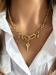 1pc Luxury Oval Necklace With Zodiac Sign Pendant And Key Pendant, High-End Vintage Style, Perfect As A Beautiful Holiday Gift For Women - Gold - View 14
