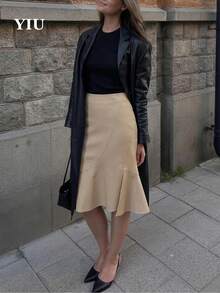 YIU Elegant Women's Knee-Length Fitted Midi Skirt, Slit Design, Non-Stretch Polyester Fabric, Fashionable Autumn Look - Khaki - View 5