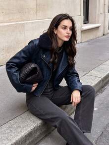 Fall Vintage Navy Fleece Collar Moto Cropped Jacket For Women, Asymmetric Zipper Loose Biker Outerwear For Work Party - Blue - View 8
