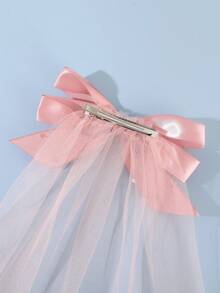 2/1pc Women's Handmade Beaded Pink Satin Ribbon Bow Mesh Veil Alligator Hair Clip, Minimalist Romantic Style, Suitable For High School Graduation Ceremony, Campus Prom, Wedding Party And Back To School Outfit - Multicolor - View 5