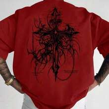 HAFIME Men's T-Shirt With "Gothic Cross" Print, Unisex Men's Shirt, 100% Cotton, Top Premium Streetwear, New Release, Gothic Style - 紅色 - 查看 8