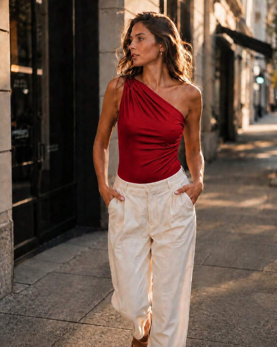 One-Shoulder Bodysuit In Supplex Fabric, Fits Sizes S To L, A Versatile Piece On For 2026. - Red - View 1