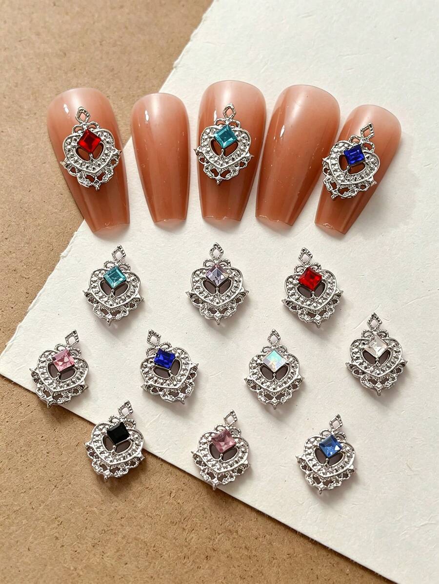 10 Peças Encantos de Arte de Unhas Quadrados Vazados Estilo Corte com Strass, Decoração de Metal 3D de Luxo, Múltiplas Cores, Adequado para Vários Estilos de Arte de Unhas, Unhas Postiças, Gemas de Unhas, Suprimentos de Unhas, Strass de Unhas - Multicolorido - Visão 1