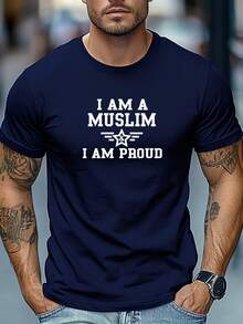 T-shirt da uomo taglie forti, comoda e versatile, semplice ed elegante, con grafica "I AM A MUSLIM I AM PROUD", t-shirt estiva casual a maniche corte con scollo rotondo, taglie for - blu navy - Visualizzare 1