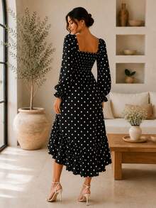 Boho Chic Mullet Midi Dress Long Sleeve Princess Square Neck Tailored Duna Elegant Christian Evangelical Modest Fashion Polka Dot Print REF: Angela - 黑色波點 - 查看 2