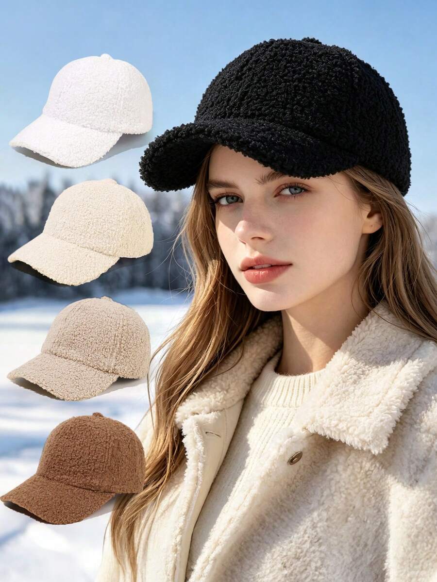 1pc Women's Solid Color Lambswool Fashion Curved Brim Baseball Cap, Plush Baseball Cap, Autumn/Winter Outdoor Golf Sports Hat, Suitable For Daily Wear, Warm And Cold-Proof - Sherpa Baseball Cap - View 1