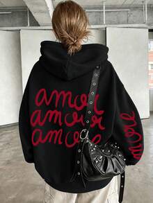 AMWE Printed Pattern Sweatshirt, Plus Size Women's Casual Autumn/Winter Long Sleeve Pocket Hooded Sweatshirt Black - Black - View 1