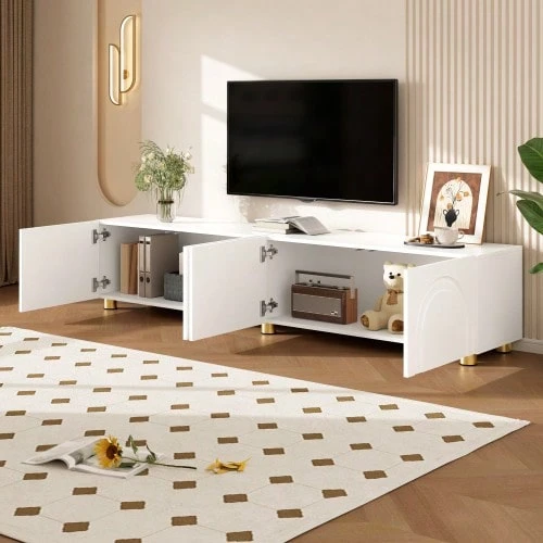 TV Stand Lowboard Arch Relief 4 Doors Metal Legs Living Room Storage - 白色 - 查看 1