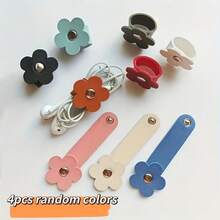 4pcs. Color Random Set Flower Shaped PU Leather Material Data Cable, Ear Line Storage Buckle - Flower, Random Color - View 8
