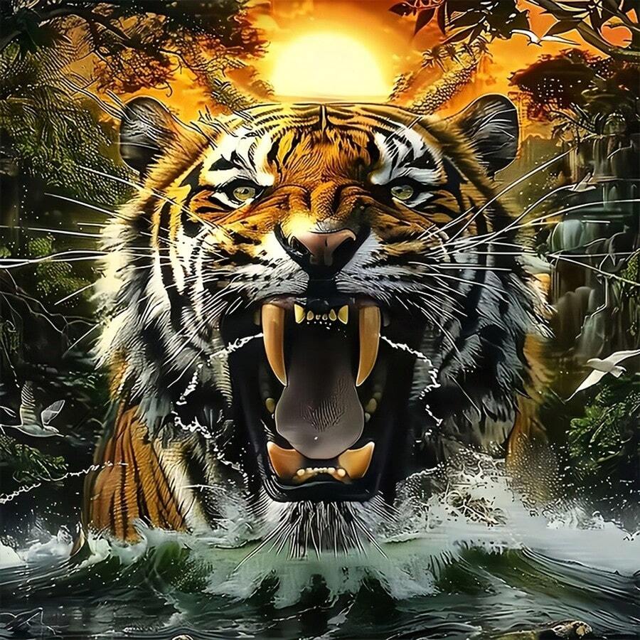 1pc DIY 5D Diamond Painting Kit, Multiple Sizes Available < Tiger Roaring In Mountains > Diamond Painting Tool Set, Suitable For Adults And Beginners, Frameless Round Diamond Painting Artwork - round diamond - View 1