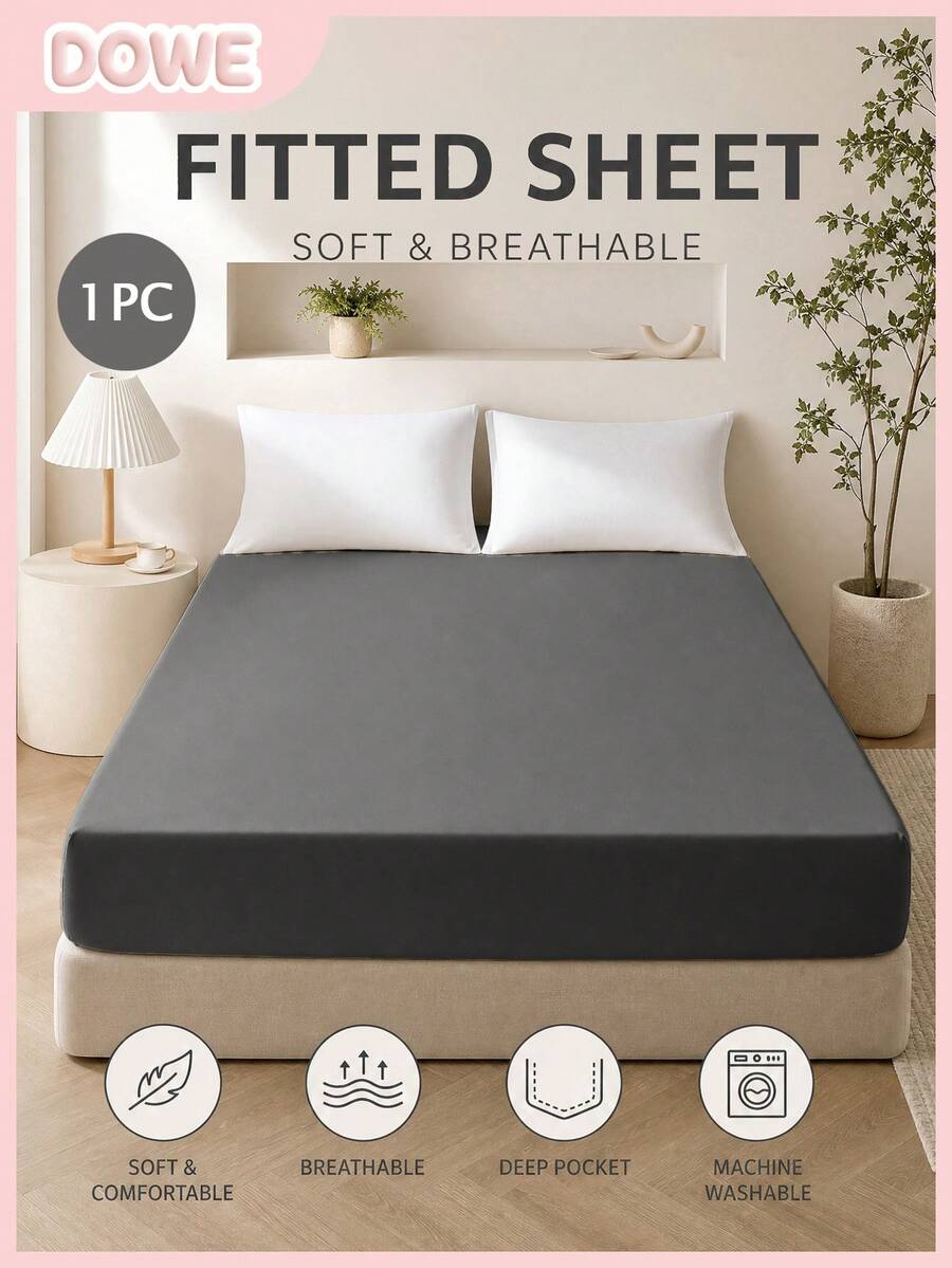 1pc Solid Color 25cm Deep Pocket Fitted Sheet, Soft & Breathable Mattress Protector, Suitable For All Bed Sizes, Dorm & Home Bedding Decor - Dark Grey - View 1