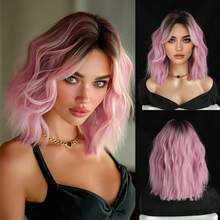 7JHH WIGS Shoulder-Length Wavy Bob Wigs For Women 14 Inch Short Curly Middle Part Wig With Curtain Bangs, Natural-Looking Synthetic Heat-Resistant Fiber Wig For Party Cosplay Use ( Blue, Pink, Red, Brown ) - Multicolor - View 14