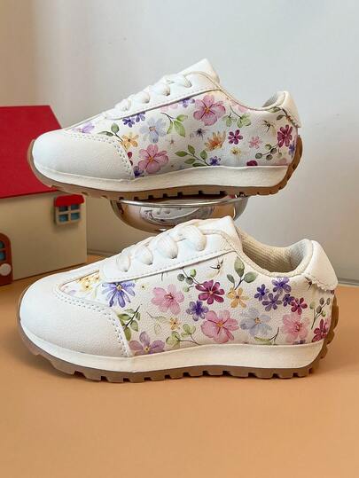 Girls' Low-Top Ditsy Floral Athletic Shoes, Low Vamp Slip-On Sneakers With Flat Non-Slip Sole, Casual Versatile Daily Commuter Shoes