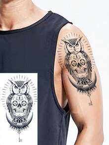1pc Temporary Tattoo Sticker With Owl And Key Design- Hip Hop Style, For Wrist, Arm, Leg, Waist Or Back - Black - View 1