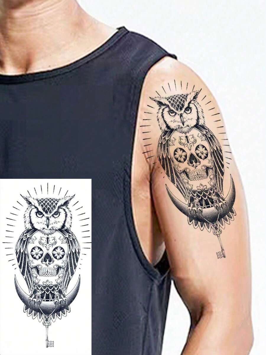 1pc Temporary Tattoo Sticker With Owl And Key Design- Hip Hop Style, For Wrist, Arm, Leg, Waist Or Back - Black - View 1