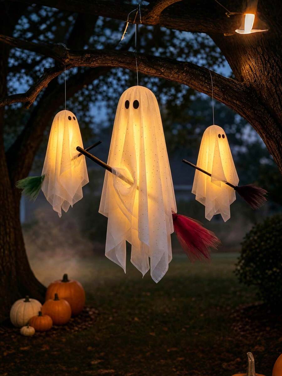 3pcs Halloween Outdoor Decor, Broom Riding Ghost Hanging Ornament With Built-In Warm Light, Flying Ghost Home Decoration, Floating Gauze Ghost, Suitable For Trees, Porch, Yard, Patio And Indoor Halloween Decor - Multicolor - View 1