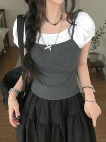 女款蝴蝶結裝飾拼接色休閒百搭日常穿搭夏季T恤 - 灰色 - 查看 5
