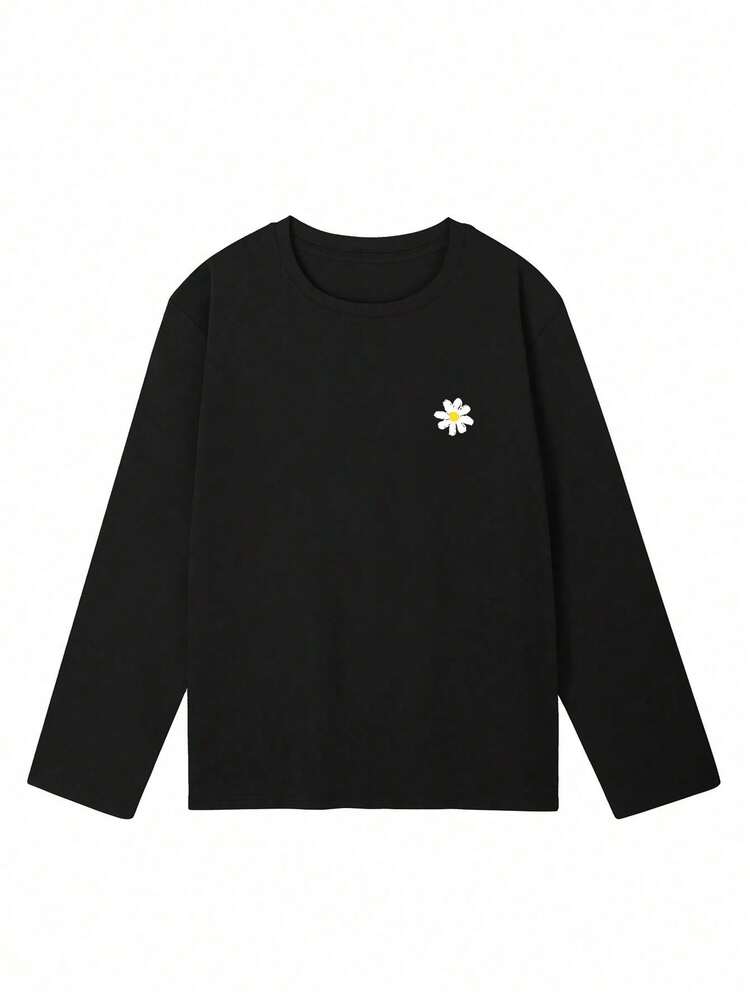 Women's Fashion Autumn/Winter Loose Fit Versatile Letter & Floral Print Long Sleeve T-Shirt Casual Black - Black - View 5